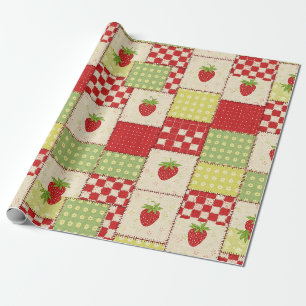 Farmhouse Strawberry Gingham Floral Pattern Wrapping Paper