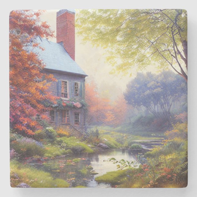Farmhouse/stream/woods/painting  stone coaster (Front)