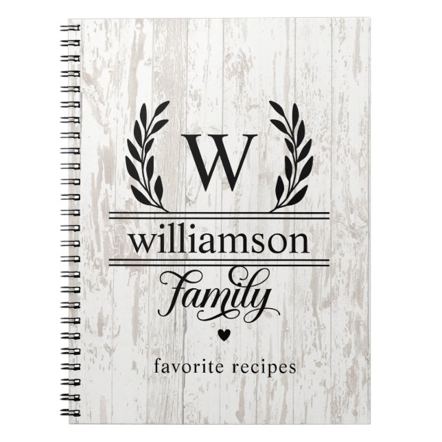 Farmhouse Style Laurel Monogram Family Name Recipe Notebook (Front)