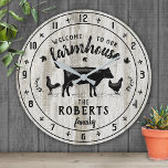 Farmhouse Style Rustic Barn Wood Cow Custom Name Round Clock<br><div class="desc">"Welcome to our farmhouse" wall clock with 1 cow silhouette,  2 chickens (1 hen,  1 rooster),  plus a leaf wreath and falling leaves. Pretty,  rustic farm look - light grey-white faux wood grain.</div>