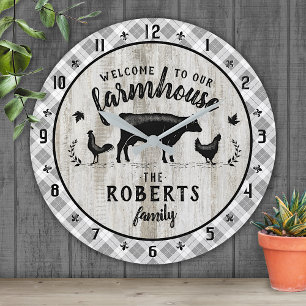 Farmhouse Style Rustic Plaid Barn Wood Cow Custom Round Clock