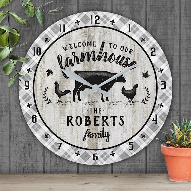Farmhouse Style Rustic Plaid Barn Wood Cow Custom Round Clock (Creator Uploaded)
