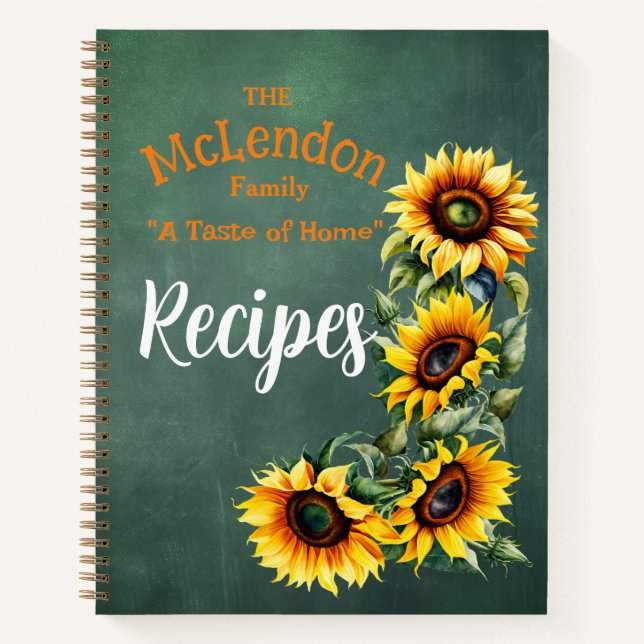 Farmhouse Sunflower Green Chalkboard Spiral Recipe Notebook (Front)