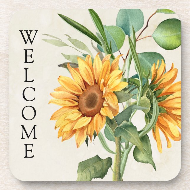 Farmhouse Sunflower Welcome Coaster (Front)