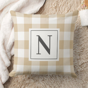 Farmhouse Tan Grey Gingham Check Plaid Monogram Cushion