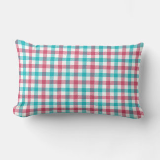 Farmhouse Teal and Coral Red Gingham Pattern Lumbar Cushion