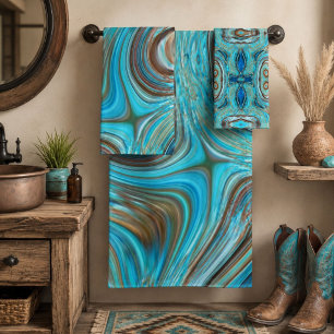 farmhouse  teal blue Woodgrain turquoise swirls Bath Towel Set