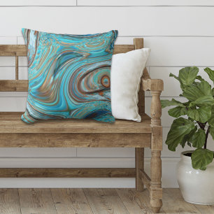 farmhouse  teal blue Woodgrain turquoise swirls Cushion