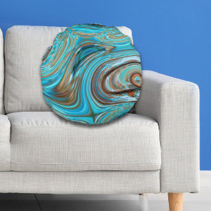farmhouse teal blue Woodgrain turquoise swirls Round Cushion