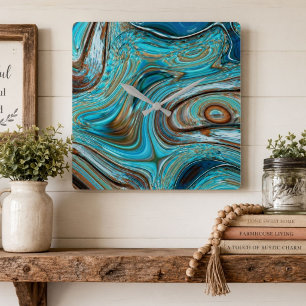 farmhouse teal blue Woodgrain turquoise swirls Square Wall Clock
