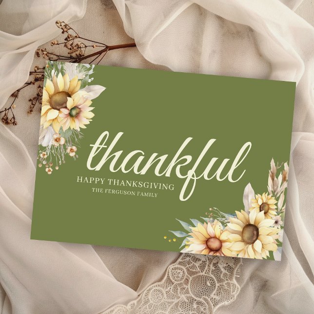 Farmhouse Thankful Floral Happy Thanksgiving Holiday Card (elegant green watercolor sunflower theme thankful happy thanksgiving cards with family or business
)