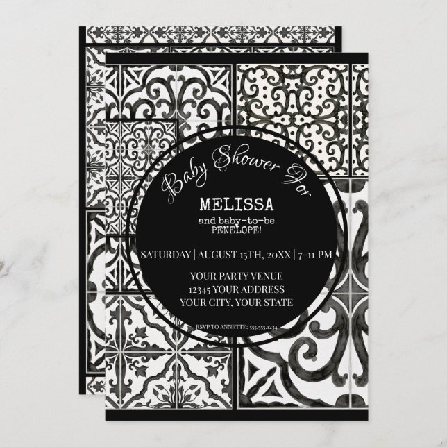 Farmhouse Tile Black White Modern Baby Shower Invitation (Front/Back)