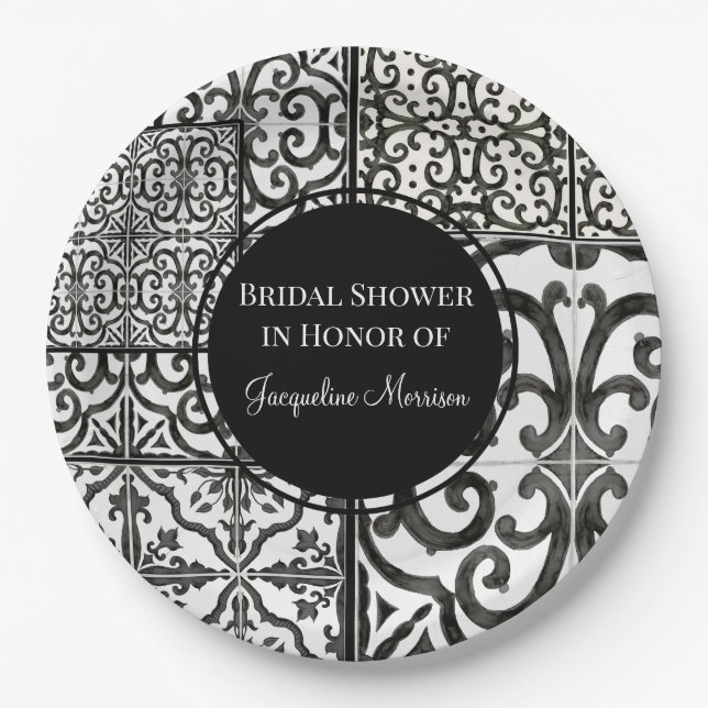 Farmhouse Tile Pattern Black White Bridal Shower Paper Plate (Front)