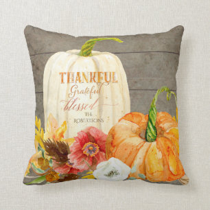 Farmhouse Typography Pumpkin Red Poppy Fall Wood Cushion