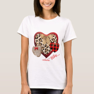 Farmhouse Valentine Hearts Plaid Cheetah Burlap  T-Shirt