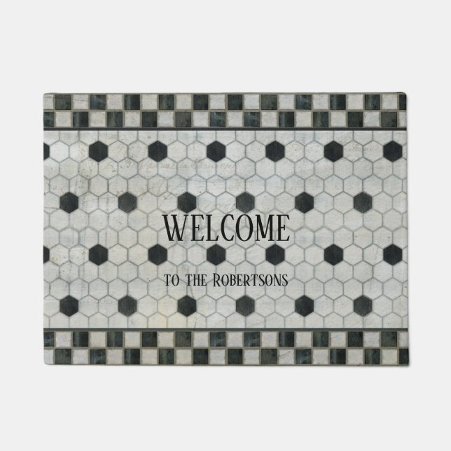 Farmhouse Vintage Marble Hexagon Chequerboard Art Doormat (Front)