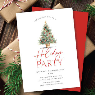 Farmhouse Watercolor Christmas Tree Holiday Party Invitation