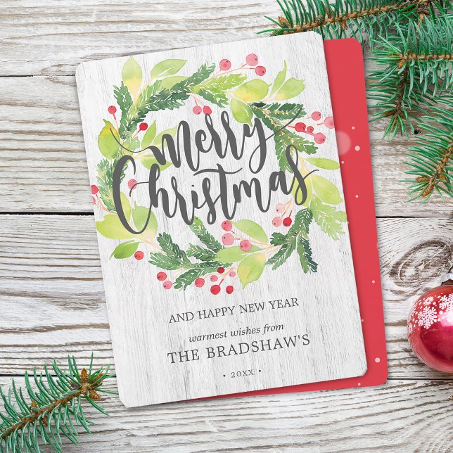 Farmhouse Watercolor Winter Berry Wreath Holiday Card (Farmhouse Watercolor Winter Berry Wreath Holiday Flat Card)