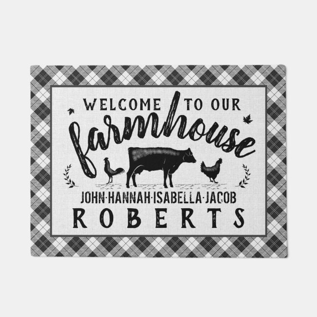 Farmhouse Welcome Black Buffalo Check Plaid Cow Doormat (Front)