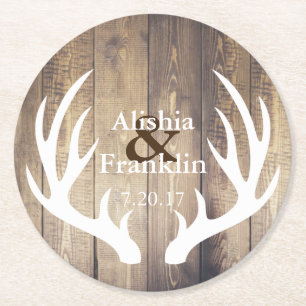 Farmhouse White Antlers Bride & Groom Wedding Date Round Paper Coaster