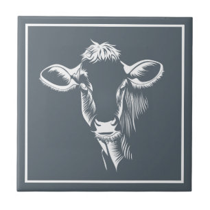 Farmhouse White Dairy Cow Illustration & Grey Ceramic Tile