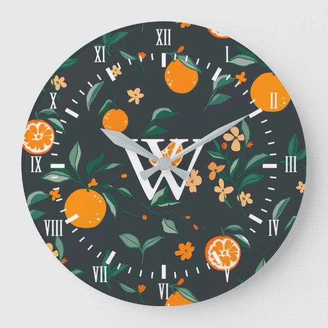 Farmhouse White Numerals Citrus Orange Botanical Large Clock (Front)