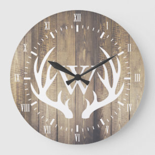 Farmhouse White Numerals White Deer Antlers Wood Large Clock