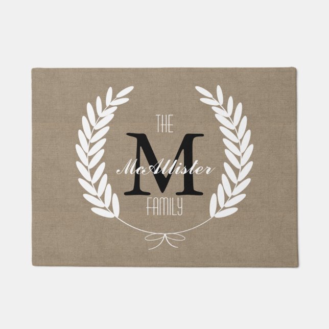 Farmhouse White Wheat Laurels Family Name Doormat (Front)