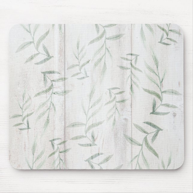 Farmhouse White Wood Rustic Leaves Mouse Pad (Front)