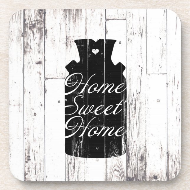 Farmhouse White Wood Rustic Milk Jug Home Sweet Coaster (Front)