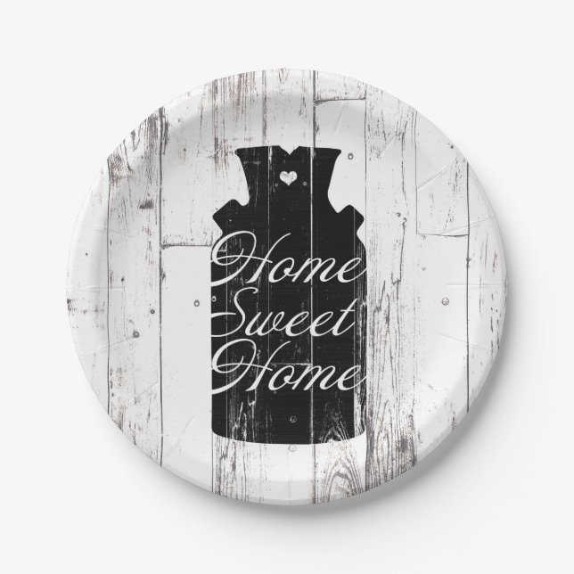 Farmhouse White Wood Rustic Milk Jug Home Sweet Paper Plate (Front)
