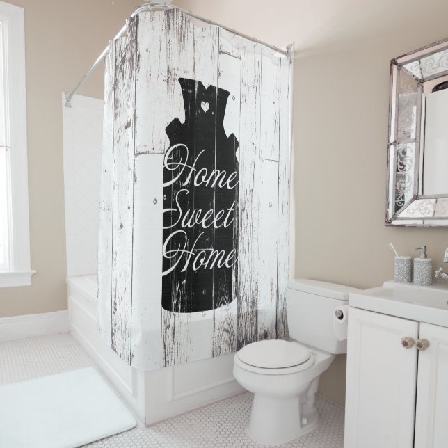 Farmhouse White Wood Rustic Milk Jug Home Sweet Shower Curtain (In Situ)