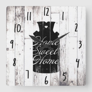 Farmhouse White Wood Rustic Milk Jug Home Sweet Square Wall Clock