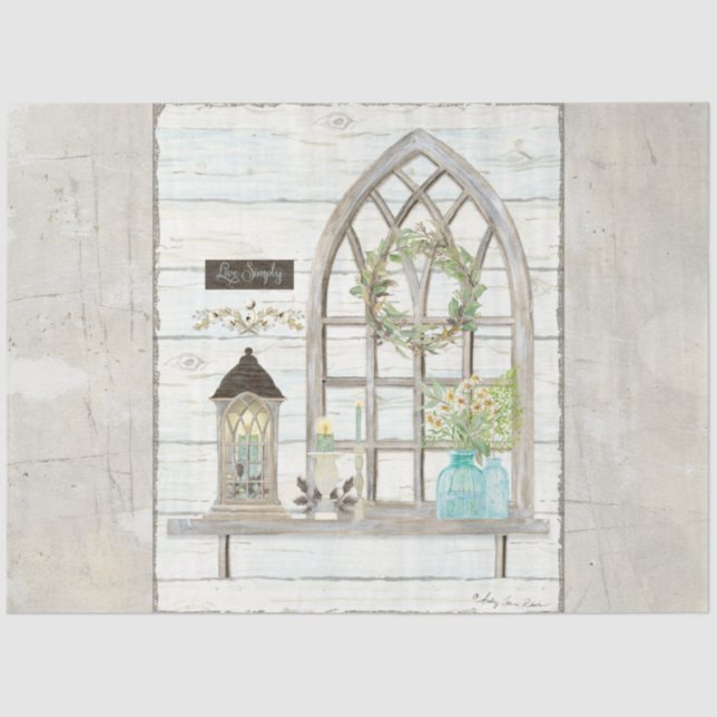 Farmhouse Window Flower Bouquet Wood Decoupage Tissue Paper (Front)