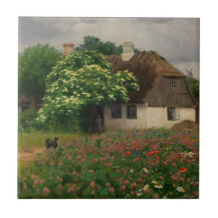 Farmhouse with Meadow Flowers  Ceramic Tile