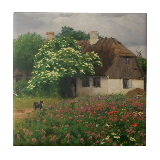 Farmhouse with Meadow Flowers  Ceramic Tile (Front)