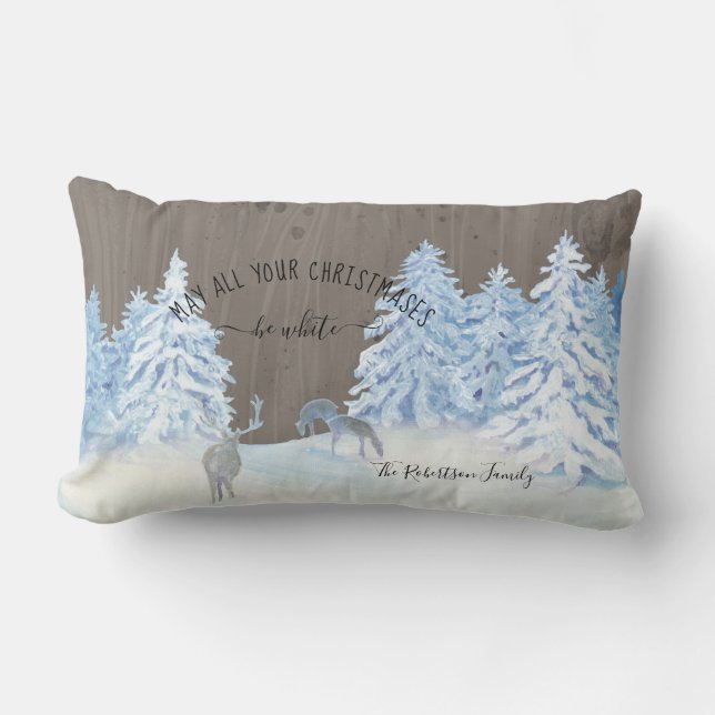 Farmhouse Wood Snowing White Christmas Family Name Lumbar Cushion (Front)
