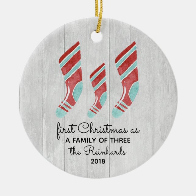 Farmhouse Woodsy Stocking New Baby Family of Three Ceramic Ornament (Front)