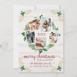 Farmhouse Wreath Christmas Script w Family Photos  Holiday Card