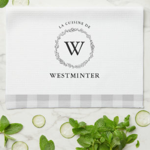 Farmhouse Wreath Grey Check Personalised Family Tea Towel