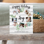 Farmhouse Wreath Photo Collage Christmas Holiday Postcard<br><div class="desc">A festive holiday postcard design that features five of your favourite photos arranged on top of a round watercolor greenery foliage wreath accented by red holly berries on a white farmhouse wood shiplap background. "Joy" appears in the centre in hand lettered brush script, which can be edited to include love...</div>