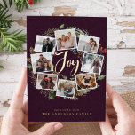 Farmhouse Wreath |  Photo Collage Foil Holiday Card<br><div class="desc">A festive holiday card design that features eight of your favourite photos arranged in a round wreath design accented by green watercolor foliage, pine cones and red holly berries on a dark berry background. "Joy" appears in the centre in festive gold foil hand lettered brush script typography. Personalise this unique...</div>