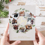 Farmhouse Wreath |  Photo Collage Foil Holiday Card<br><div class="desc">A festive holiday card design that features eight of your favourite photos arranged in a round wreath design accented by green watercolor foliage, pine cones and red holly berries on a warm white background. "Joy" appears in the centre in festive gold foil hand lettered brush script typography. Personalise this unique...</div>