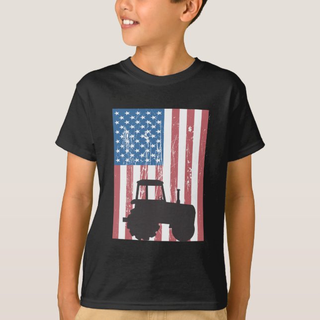 Farming Tractor American Flag Patriotic Farmer T-Shirt (Front)