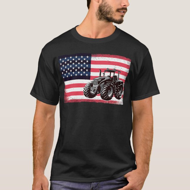 Farming Truck Driver Tractors USA American Flag Fa T-Shirt (Front)