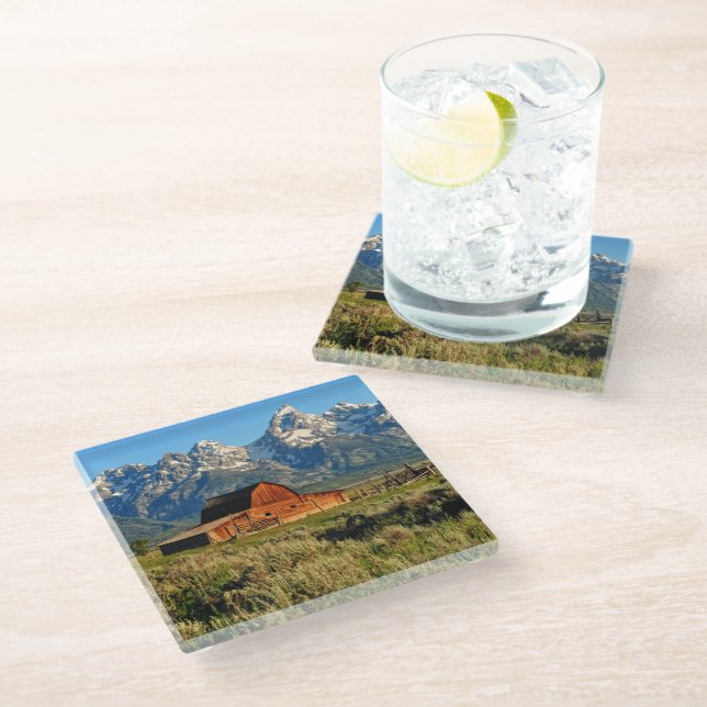 Farms | Barn Shadowed by Snow Capped Mountains Glass Coaster (Angled)