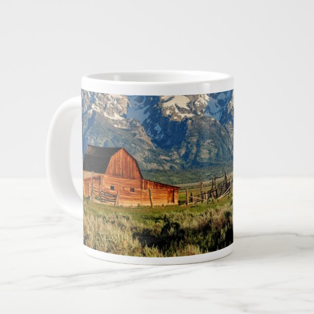 Farms | Barn Shadowed by Snow Capped Mountains Large Coffee Mug (Front Left)