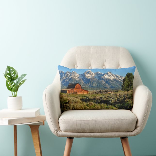 Farms | Barn Shadowed by Snow Capped Mountains Lumbar Cushion (Chair)