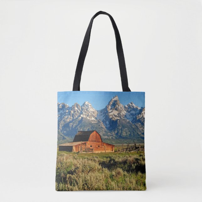 Farms | Barn Shadowed by Snow Capped Mountains Tote Bag (Front)