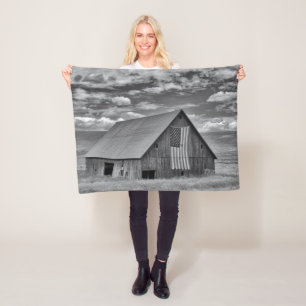 Farms BW American Flag Barn Scene Fleece Blanket